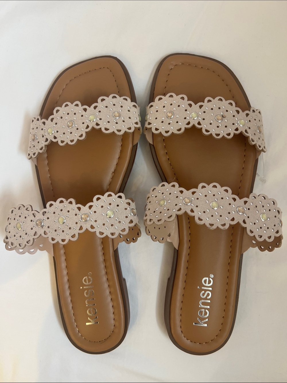 kensie Cream Laser-Cut Double Strap Slide Sandals with Pearl Accents